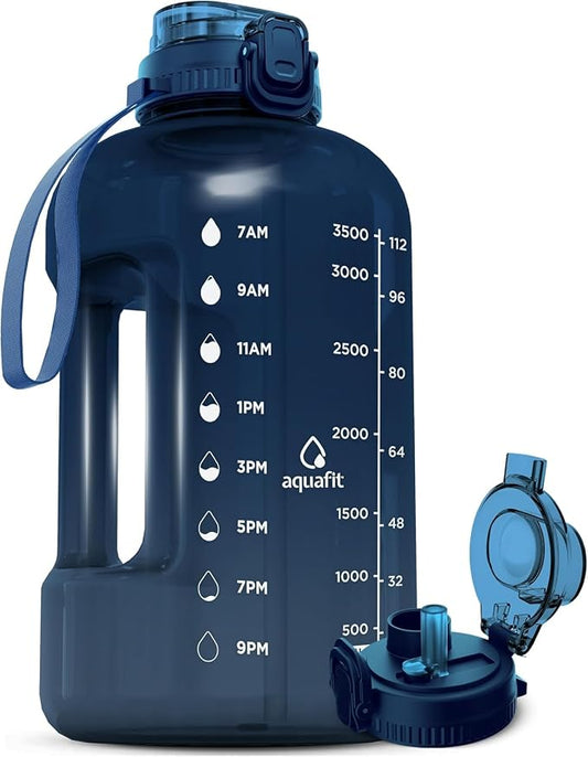 AQUAFIT 1 Gallon Water Bottle with Time Marker, 2in1 Lid | BPA Free 128 oz Water Bottle with 2in1 Straw and Chug Lid - Leakproof Gym Water Bottle with Carry Handle (Nebula)