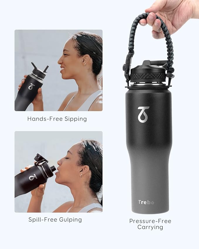 Trebo 32 oz Water Bottle Insulated Fits in Any Car Cup Holder with 2 Lids | Stainless Steel T-shape Tumbler with Paracord Handle, Triple Wall Vacuum Copper Plated, Cold 48 Hrs for Travel, Leakproof