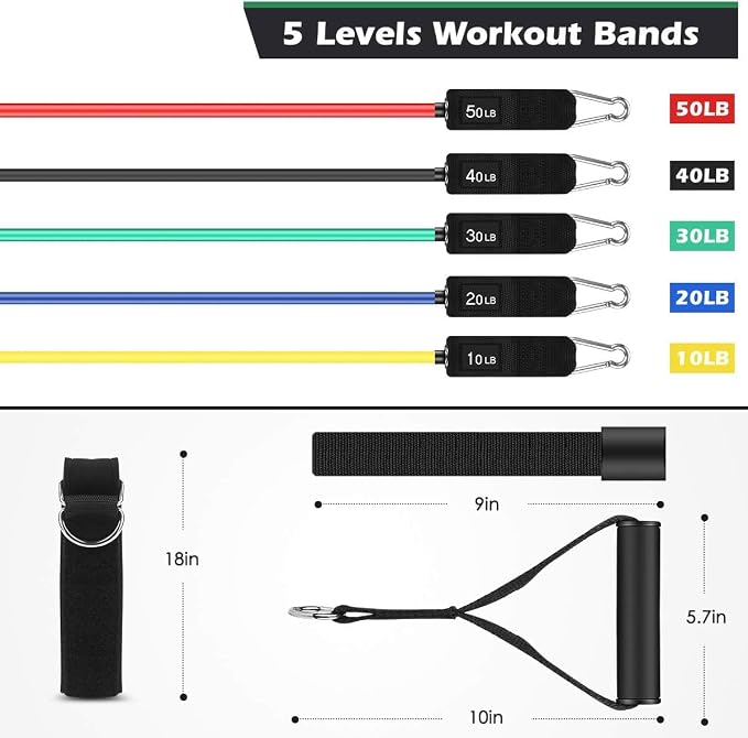 WHATAFIT Resistance Bands with Handles, 5-Level Exercise Bands for Workout | Natural latex,10-50 lbs, stackable to 150,Ankle Straps, Door Anchor,Guide. For Strength, Yoga,Home Gym,Travel & Workout.