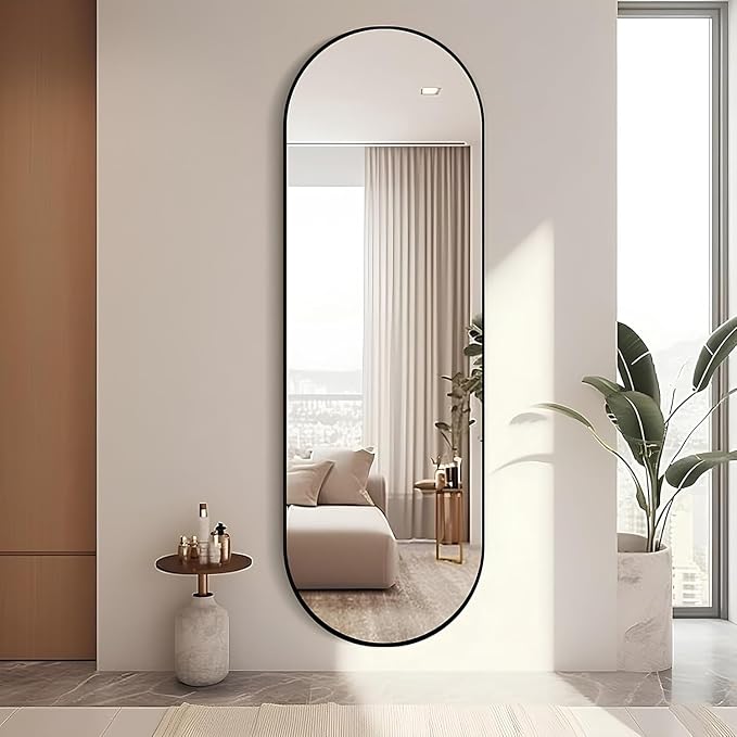 ZHUNFA Arched Full Length Floor Mirror, 65x 22 Oval Mirror with Metal Frame | Large Wall Mounted Arched-Top Body for Living Room, Bedroom, Bathroom, Entryway, Dressing Room, black