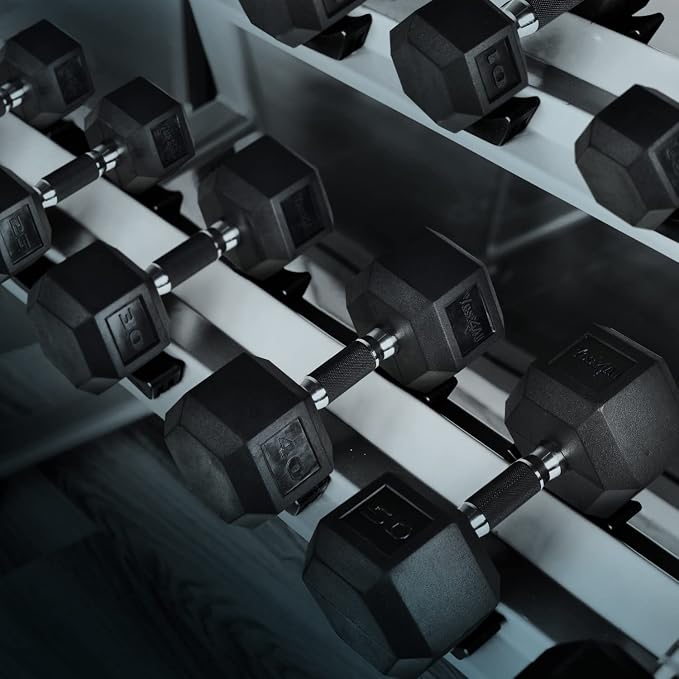 Yes4All Rubber Grip Encased Hex Dumbbell – Hand Weights With Anti-Slip 5-50 LBS Single