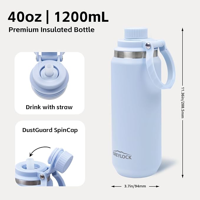 GREYLOCK 40 oz Insulated Water Bottle with Straw Lid, Leakproof Reusable Stainless Steel Vacuum Flask, 24hr Cold & Hot, Carry Handle & Silicone Spout, BPA-Free for Gym, Hiking, Travel,Blue