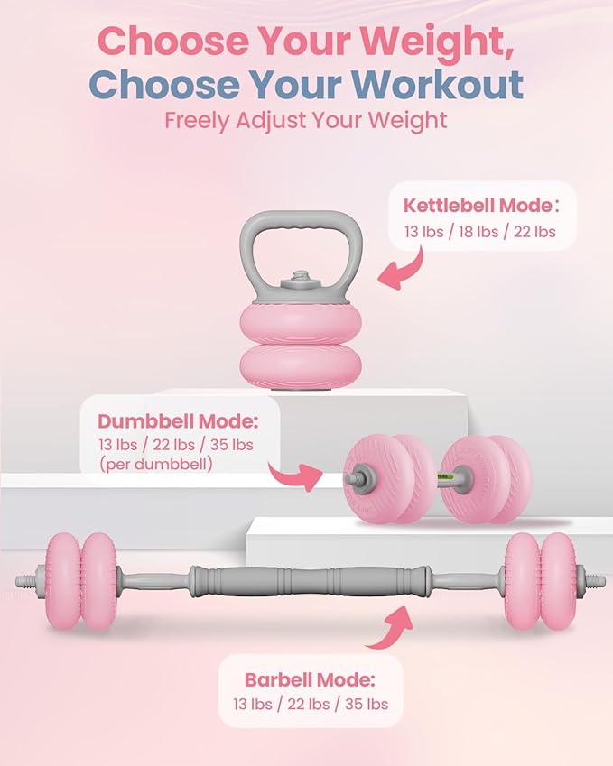 kisnbld Adjustable Dumbbell Set, 35/45/62LBS SoftShell Weight Set with Connector 4-IN-1 Dumbbell Set Used as to Barbell & Kettlebell for Home Gym, Fitness Exercise for Men Women Beginners