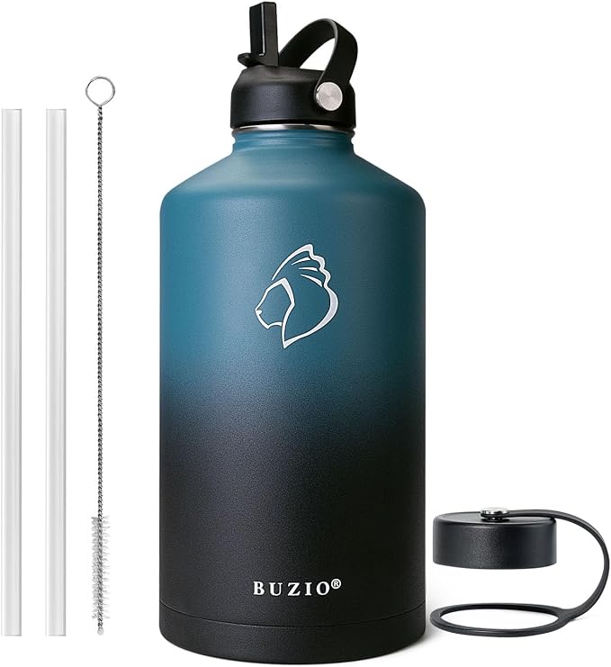 BUZIO 1 Gallon Water Bottle Insulated with Dust-proof Straw & Spout Lids | 128 oz Large Water Jug 18/8 Stainless Steel Triple Wall (Keep Cold 48Hrs/Hot 24 Hrs), Dishwasher Safe, Sweat-Proof, Black