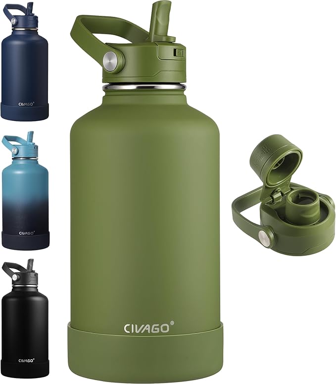 CIVAGO 64 oz Insulated Stainless Steel Water Bottle with Removable Straw | Half Gallon Large Leakproof Water Jug, Big Metal Sports Flask Cup with Handle, Silicone Boot, Dishwasher Safe,ArmyGreen