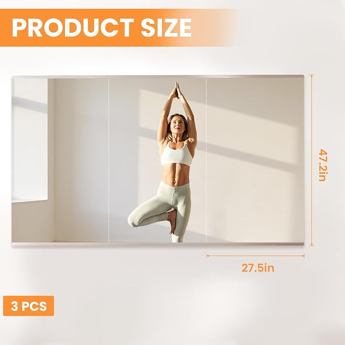 Peegel 48''x28''(3PCS) Large Home Gym Mirror | Frameless Tempered Glass Workout Mirrors for Home Gym Wall,Yoga,Garage,Dance