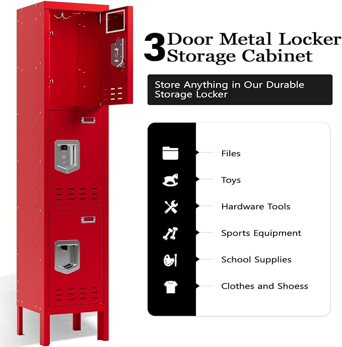 BUTISOW 3 Door Employee Metal Locker w/Card Slot for School Gym Office | Ventilated Metal Steel Locker with Mirror & Multi Hooks for Secure Storage