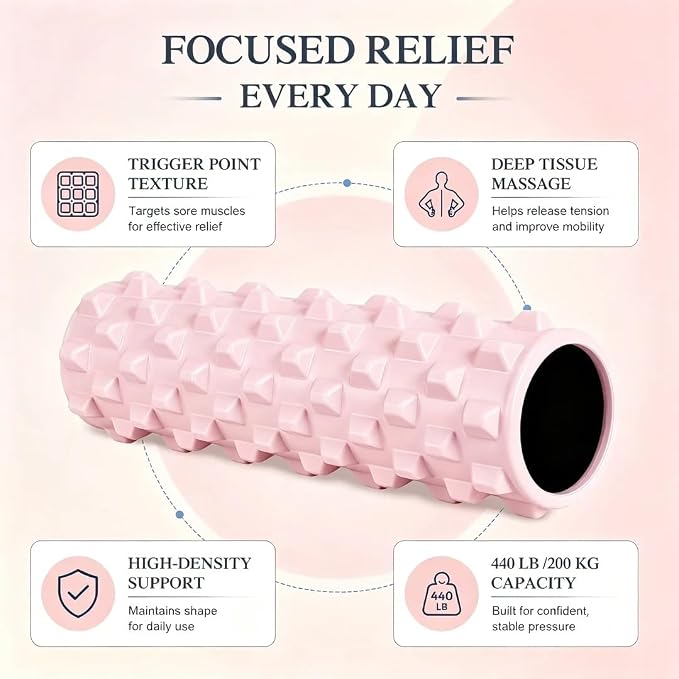 21" Foam Roller Deep Tissue Massager, Pink | Trigger Point Release, Muscle Recovery, Home Workout, Yoga, Pilates, Physical Therapy