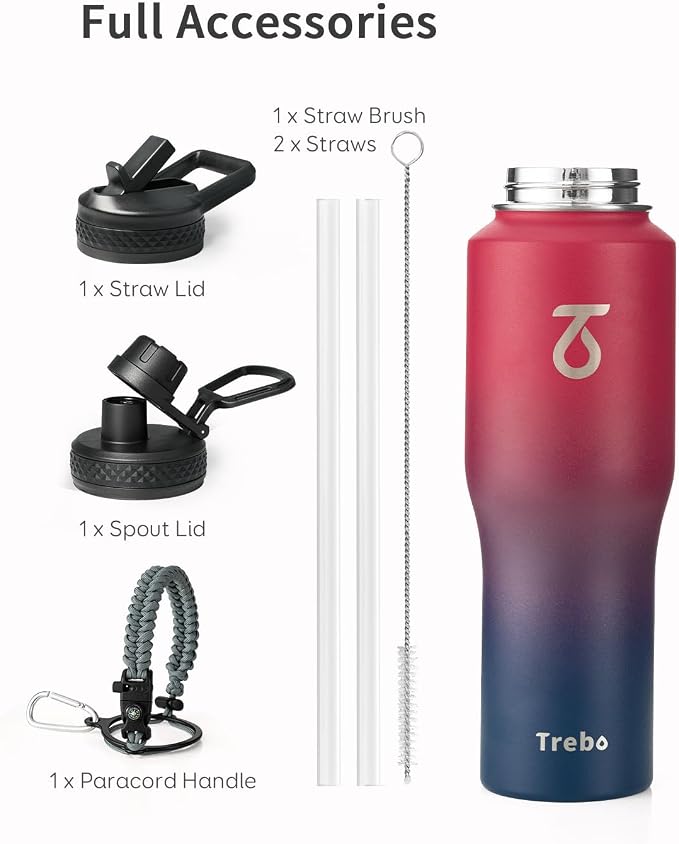 Trebo 40 oz Water Bottle Insulated Fit in Any Car Cup Holder with 2 Lids | Stainless Steel T-shape Tumbler with Paracord Handle, Triple Wall Vacuum Copper Plated, Cold 48 Hrs for Travel, Wide Mouth