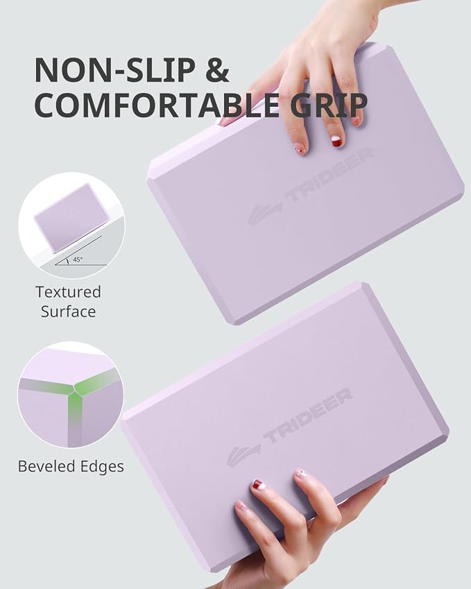 Trideer Yoga Blocks 2 Pack, Soft Non-Slip Foam Blocks with Beveled Edges for Alignment and Stretching in Yoga, Pilates, and Dance - Supportive, Lightweight, Odor Resistant, Latex-Free