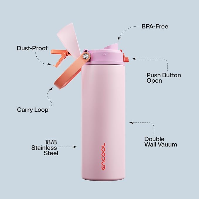 Insulated Water Bottle with Straw - Encool Stainless Steel Water Bottle with Push Button Lid, Leak-Proof & BPA-Free, Keeps Cold for 24 Hours for Sports, Travel, Gym (24 oz, Lily-Red)