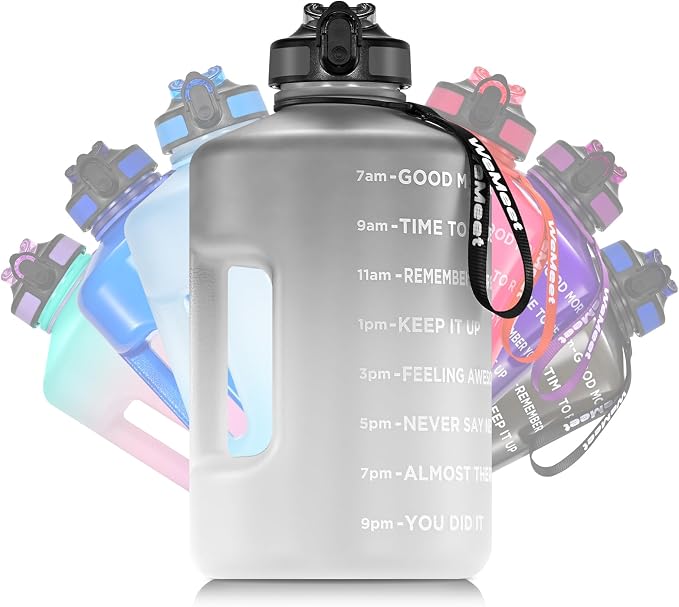 WEMEET Big Reusable Sport Water Jug with non-slip handle, 1 Gallon Water Bottle with Straw and Time Marker, for All Day Hydration, Exercise and Outdoor (Black White)