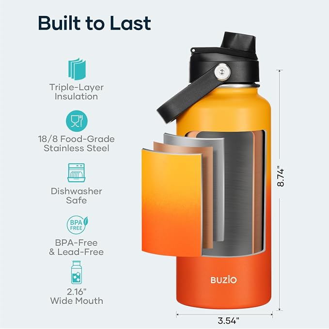 BUZIO Insulated Stainless Steel Water Bottle 32 oz with Straw & Spout Lids | Triple Wall Insulated Tumbler (Dishwasher Safe) ,Cold for 48 Hrs/Hot for 24 Hrs, Leakproof, BPA-free, for Sports, Gym, School