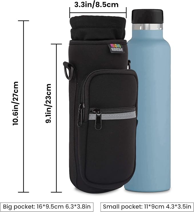 Nuovoware Water Bottle Carrier Bag, 25oz/32oz, Black | Adjustable Shoulder Hand Strap, 2 Pocket, Neoprene Sleeve, For Hiking Travelling Camping