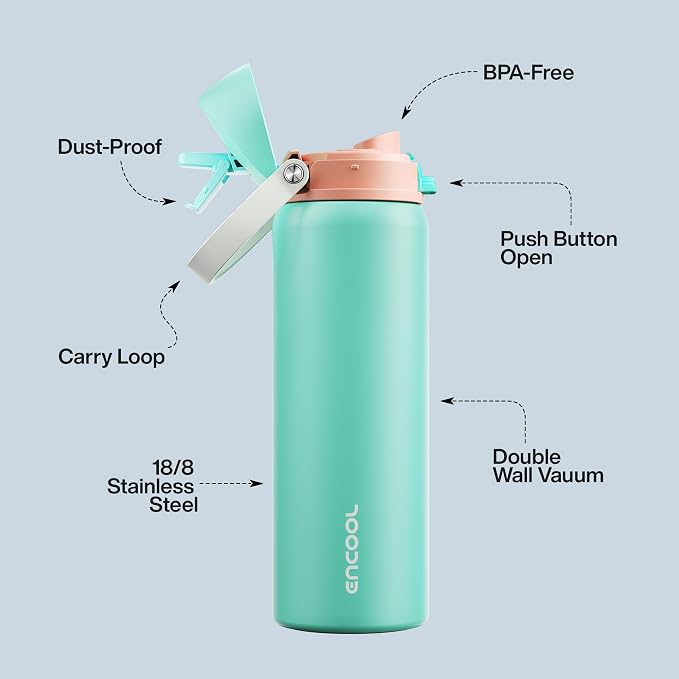 Insulated Water Bottle with Straw - Encool Stainless Steel Water Bottle with Push Button Lid, Leak-Proof & BPA-Free, Keeps Cold for 24 Hours for Sports, Travel, Gym (32 oz, Turquoise)