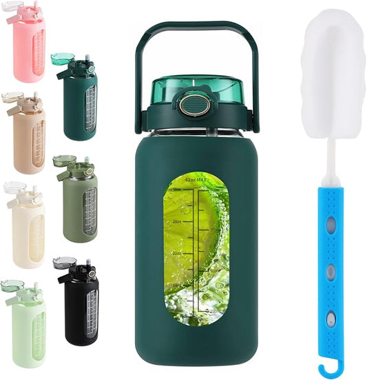 42 oz Glass Water Bottle with 2-in-1 Straw Lid Large Half Gallon Water Bottle with Time Marker & Removable Silicone Sleeve,Wide Mouth BPA-Free Borosilicate Bottle for Gym, Workout & Daily Use