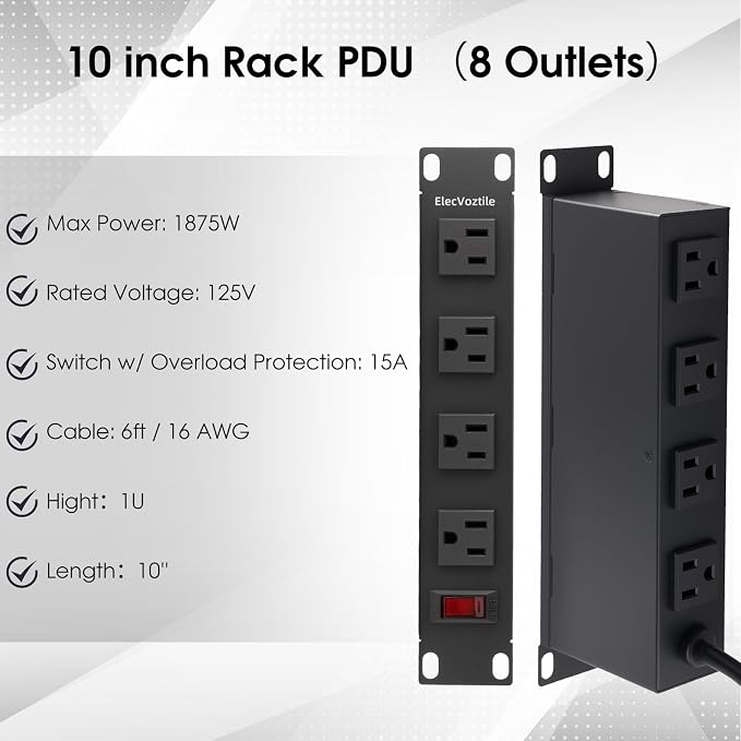 10 inch Rack PDU, 8 Outlets, Surge Protected, Metal Case | Heavy Duty, 4 Front & 4 Rear Outlets, 15A Overload Switch, 1U RackMount, Rear Power Cord, Ideal for 6U+ Mini Server Rack