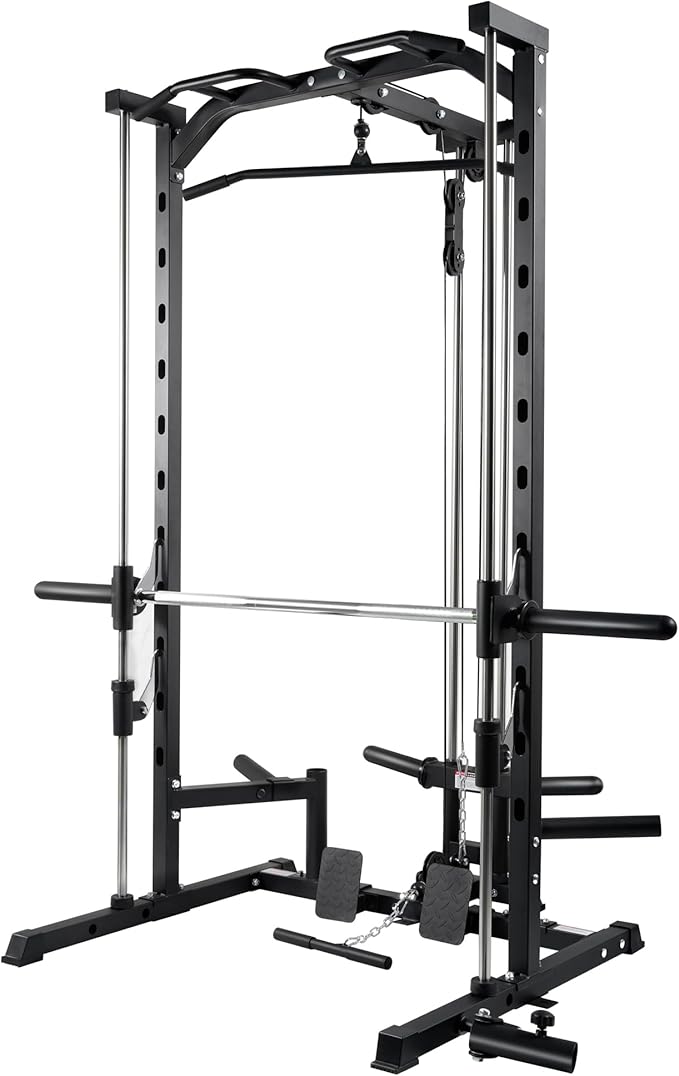 RitFit Smith Machine Power Rack with LAT-Pull Down System | Half Smith Machine with Landmine, Barbell Bar, Plate Storage Pegs and More Training Attachment