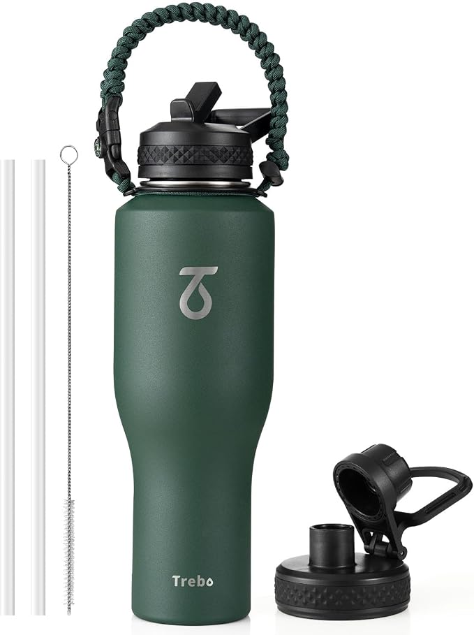 Trebo 40 oz Water Bottle Insulated Fit in Any Car Cup Holder with 2 Lids | Stainless Steel T-shape Tumbler with Paracord Handle, Triple Wall Vacuum Copper Plated, Cold 48 Hrs for Travel, Wide Mouth