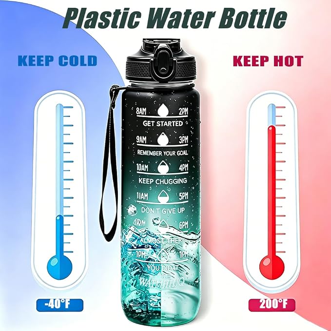 32oz Sports Water Bottle Outdoor, with Drinking Time and Capacity Labels, Sport Water Cups with Straw,BPA Free Leak Proof,for Fitness Gym Running Climbing(Black green)