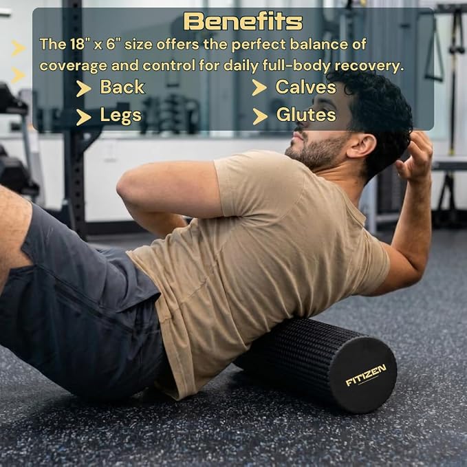 Foam Roller for Muscle Massage, Stiff Back Pain Relief, Physical Therapy, Deep Tissue, Exercise Equipment for Home Gym, Stress, Yoga, Pilates for the fit Citizen (Black, Medium 18 x 6 Inches)