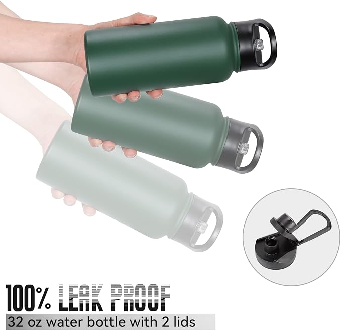 32 oz Insulated Water Bottle with Straw Lid & Wide Mouth Lids, Stainless Steel Sports Water Bottles, Double Walled Vacuum, Leak Proof, Dark Green