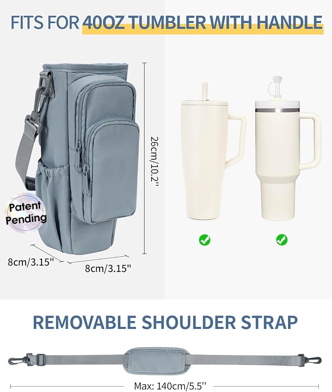 sportsnew 30/40oz Crossbody Water Bottle Holder Anti-Tip Tumbler Carrier | Lightweight Bottle Sling Fits Handled Tumbler w/ Phone Pocket, Adjustable Strap, Insulated Lining, Hands-free for Hiking Gym