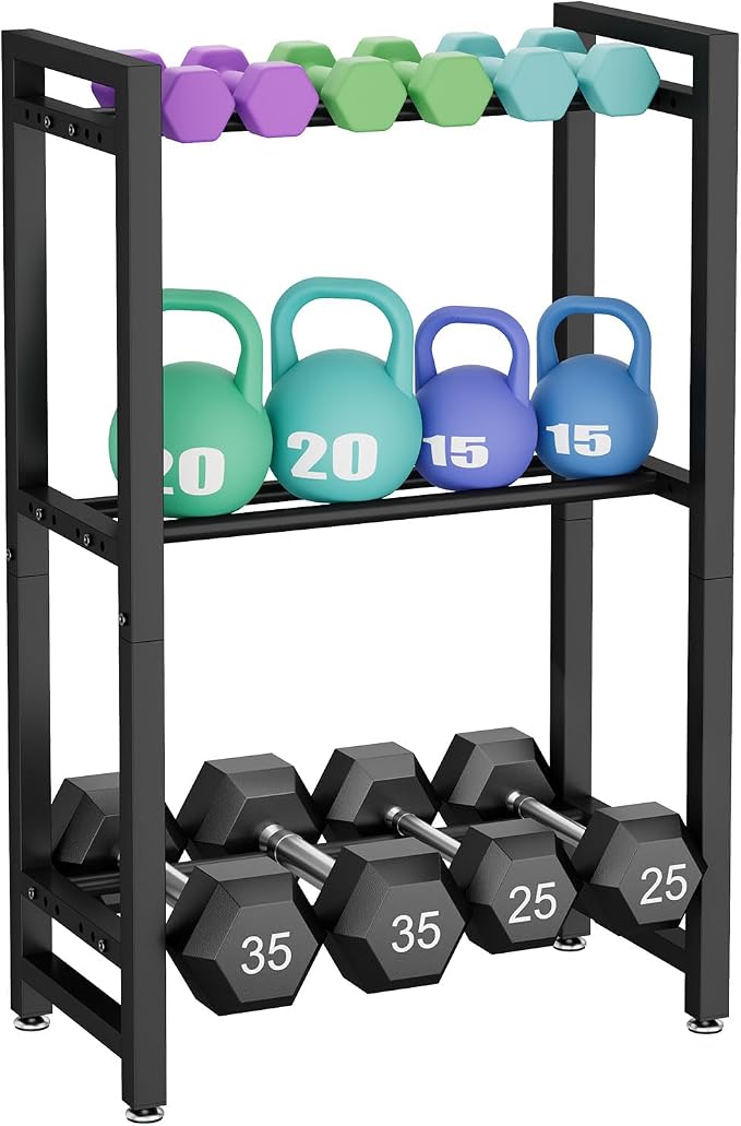 IBUYKE 2 Tier | 3 Tier Dumbbell Rack, Adjustable Weight Rack for Home Gym, Space-Saving Heavy-Duty 300LB | 450LB Capacity Weight Storage Racks for Kettlebells, Dumbbells Equipment Storage, Rack Stand Only
