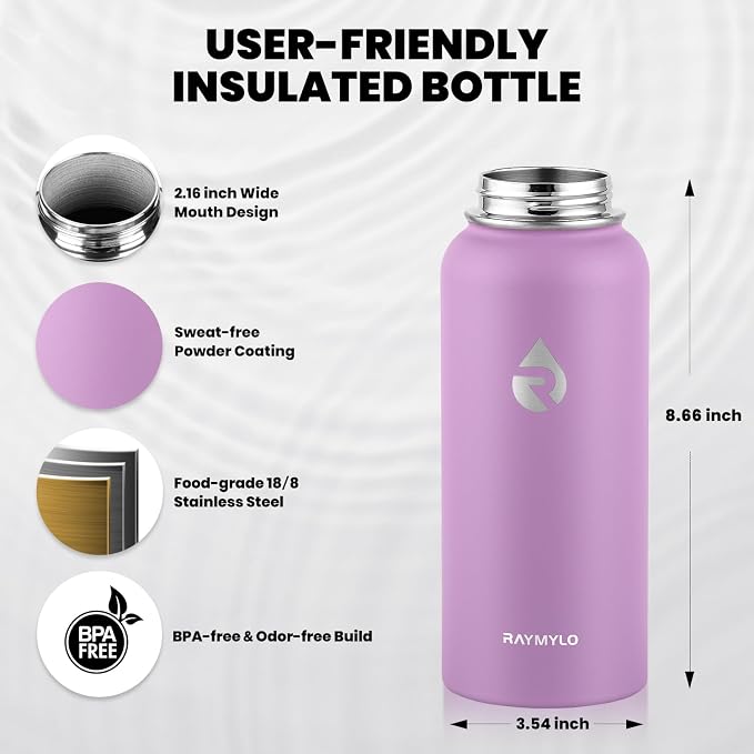 RAYMYLO Insulated Water Bottle 32 oz, Triple Wall Vacuum Stainless Steel | (Cold for 24Hrs, Hot for 12Hrs), Leak Proof & Non-BPA, Modern Water Flask Jug with Paracord Handle & Straw Spout Lids