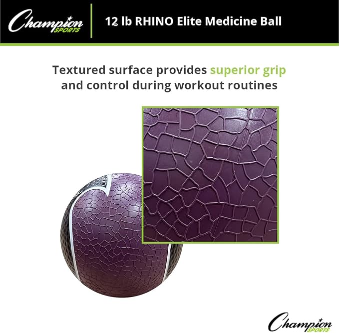 Champion Sports Rhino Elite Medicine Ball – Textured Surface, Superior Grip, Hollow Synthetic Rubber for Consistent Bounce & Durability, Multiple Weights & Colors - Optional Rebounder Sold Separately