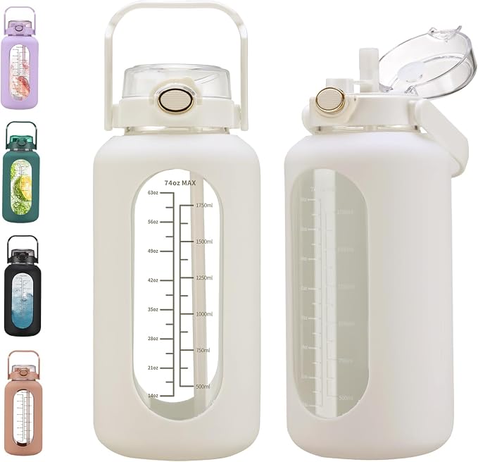 chunmo 74 oz Glass Water Bolttles with Straw Large Motivational Water Bottle with Time Marker Sports Water Bottles with Silicone Sleeve and Handle Lid 2.2L Water Jug for Gym Workout