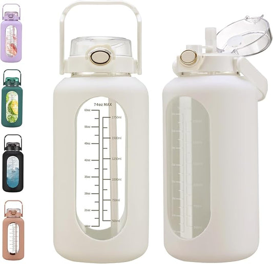 chunmo 74 oz Glass Water Bolttles with Straw Large Motivational Water Bottle with Time Marker Sports Water Bottles with Silicone Sleeve and Handle Lid 2.2L Water Jug for Gym Workout