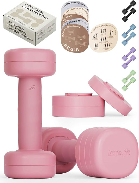 Adjustable Dumbbell Set｜2LB 3LB 4LB 5LB Light Hand Weights for Women｜One-Twist Weight Adjustment｜Non-Slip Curved Grip Handle｜Free Weights for Home Gym, Rehab, Pilates, Yoga, Strength Training
