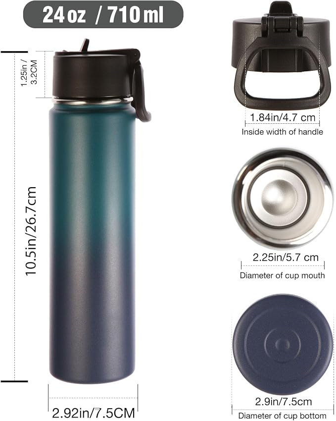 Volhoply 24oz Insulated Water Bottle With Straw Bulk 3 Pack,Metal Wide Mouth Water Bottles With Handle Keep Cold,Reusable Double Wall Cups,Powder Coated Sport Bottle For Holder(Dark Night,3 Count)