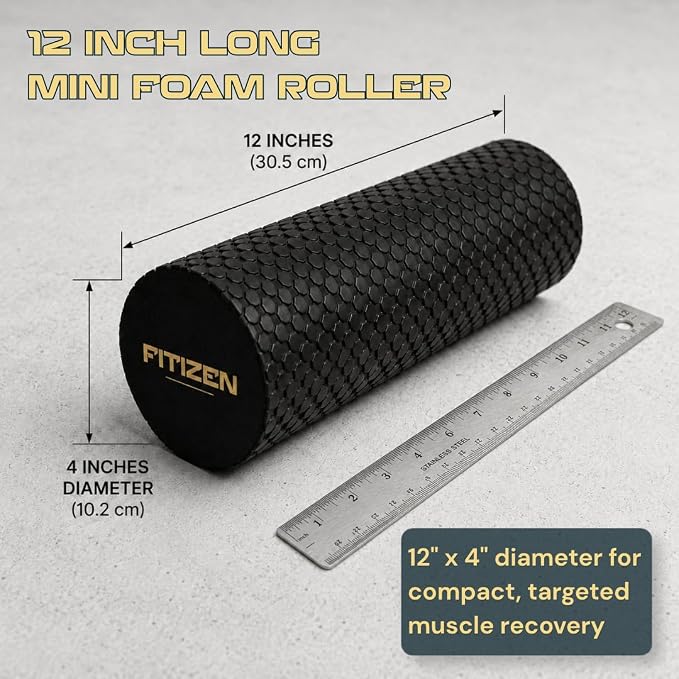 Foam Roller for Muscle Massage, Stiff Back Pain Relief, Physical Therapy, Deep Tissue, Exercise Equipment for Home Gym, Stress, Yoga, Pilates for the Fit Citizen (Black, Mini 12 x 4 Inches)