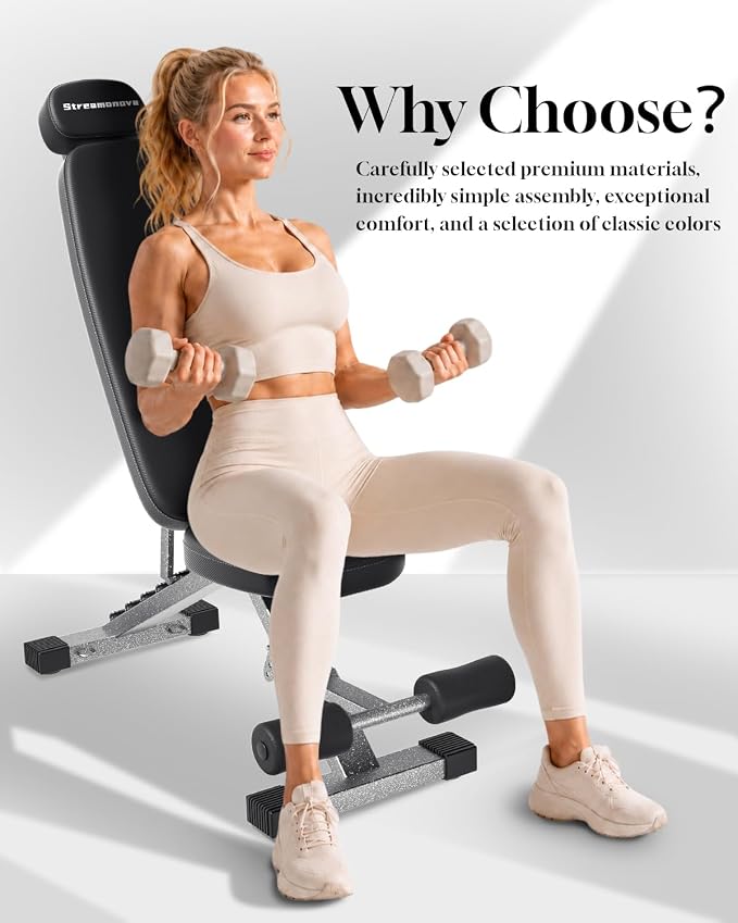 Fitness Bench, Adjustable, Comfortable, Fashionable, Foldable and Extended Headrest with 192 Positions Incline Decline 900LBS Home Gym Bench for Strength Training