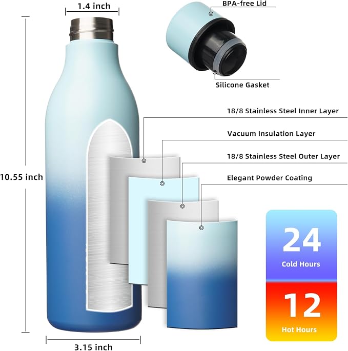BJPKPK 25oz Insulated Water Bottle, Stainless Steel Bottle with Carry Strap | Keep Cold & Hot Vacuum Insulation, Leak-Proof BPA-Free Design, Slim Bottle Fits Most Cup Holders for Gym, Office & Travel