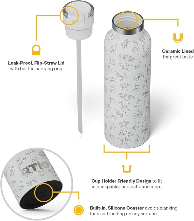 RTIC 20oz Journey Water Bottle Ceramic Lined Metal Stainless Steel Vacuum Insulated, BPA Free, Reusable, for Water, Hot and Cold Drinks, Travel, Sports, Camping, White Magnolias