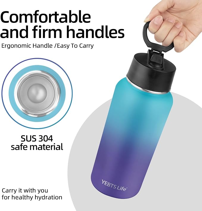 Insulated Water Bottle With Straw, 32 oz Vacuum Insulated Stainless Steel Sports Water Flask, Keeps Cold and Hot, Metal Water Bottle Wide Mouth for Gym Travel Camping (Blue & Purple)
