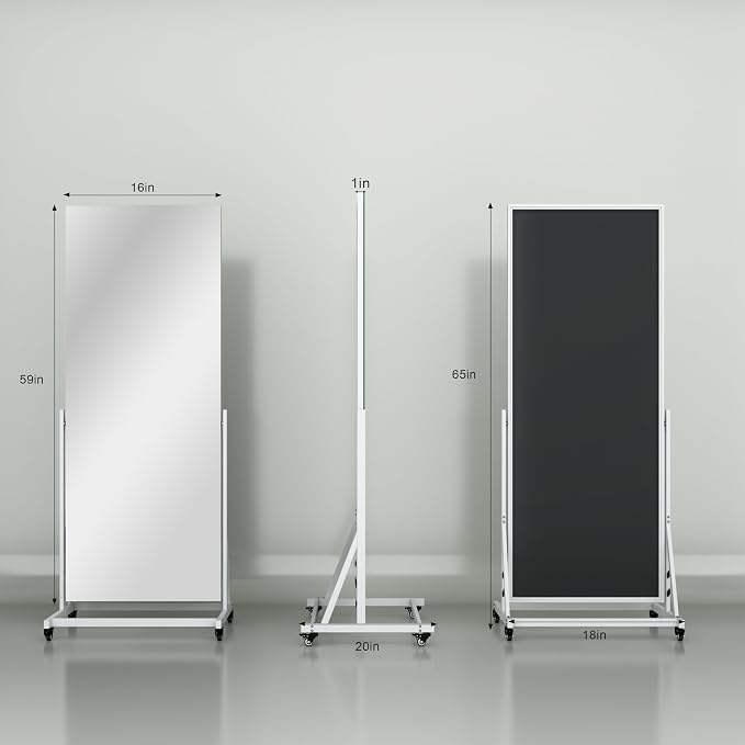 65" x 18" Full Length Rolling Mirror on Wheels for Home Gym, 360° Rotate | Tempered glass & metal frame, 360° rotation, standing holder included, ideal for bedroom, dance studio, fitness training