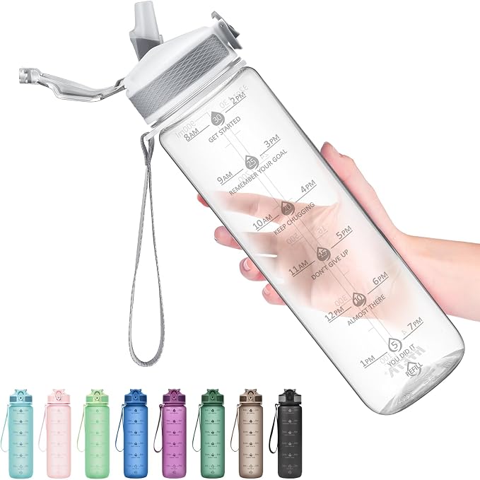 Hyeta Clear Plastic Water Bottle With Straw & Time Marker, 32oz Leakproof | Motivational Clear Tritan BPA Free Gym Office Outdoor Intake Tracker Hourly Reminder Straw Lid Lightweight