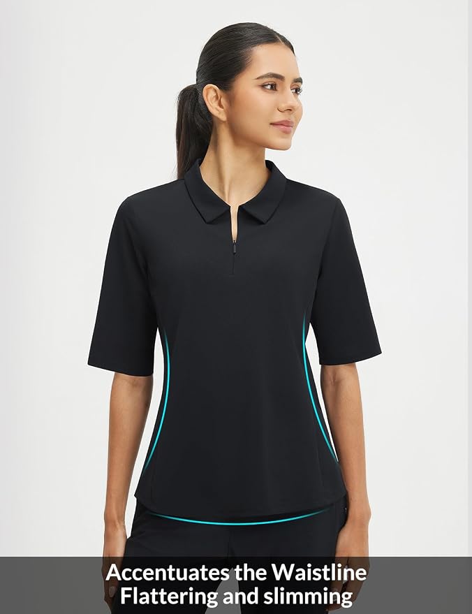 baleaf Womens Golf Shirts Half Sleeve Elbow Length Polo Tops | Stretch, Sun Protection UPF 50+, Quick Dry, Breathable, Moisture Wicking, Quarter Zip V Neck, Ideal for Golf Work Casual