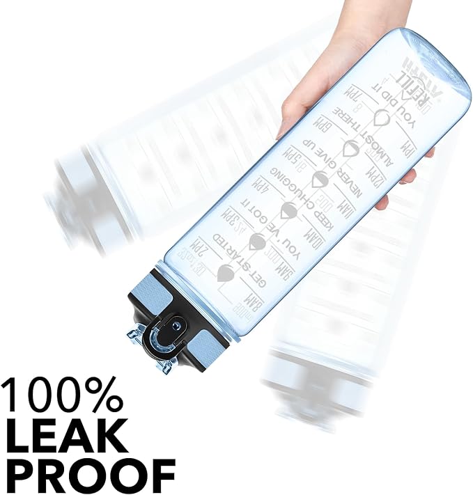 Hyeta Water Bottle with Straw & Time Marker, Plastic 32oz Leakproof | Motivational Tritan BPA Free Gym Office Outdoor Intake Tracker Hourly Reminder Straw Lid Carry Strap