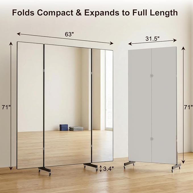 Full Length Mirror with 360° Wheels, 63" x 71" Foldable Floor Mirror with Nano-Tech Shatterproof Film - Ultra-Large Mobile Mirror for Home Gym, Dance Studio & Commercial Spaces (Black)