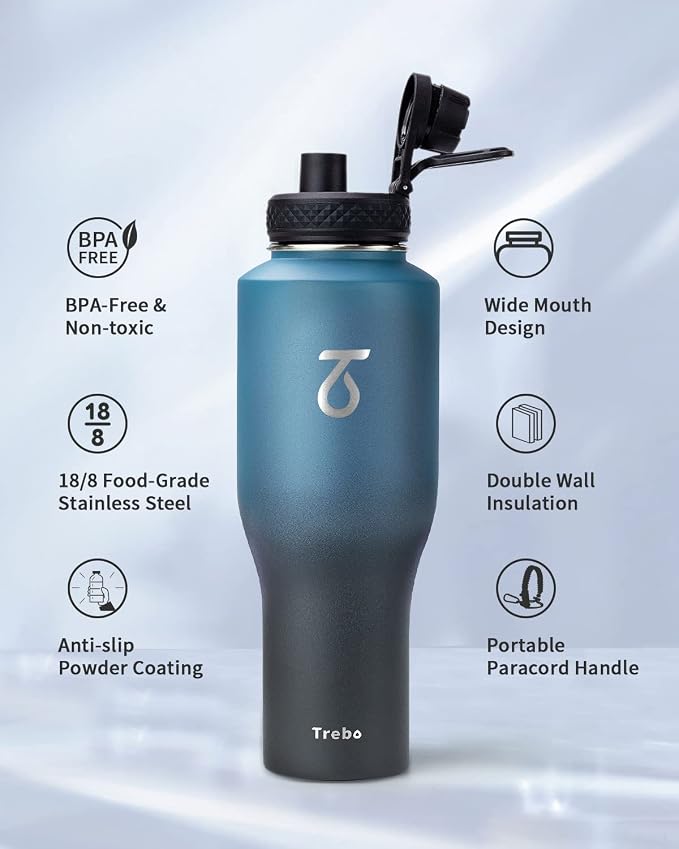 Trebo 40 oz Water Bottle Insulated Fit in Any Car Cup Holder with 2 Lids | Stainless Steel T-shape Tumbler with Paracord Handle, Triple Wall Vacuum Copper Plated, Cold 48 Hrs for Travel, Wide Mouth