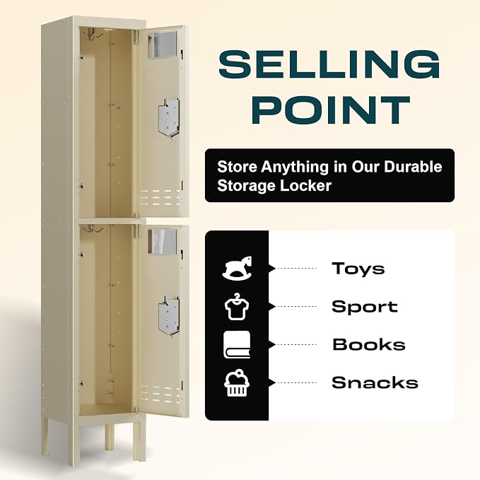 BUTISOW Metal Locker, Beige, 2 Door, 66.15" H x 11.8" W x 11.8" D