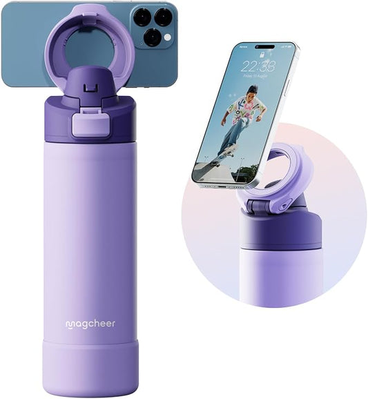 Insulated Magnetic Water Bottle - Reusable Stainless Steel Bottle with MagSafe Compatible Phone Holder - Keeps Cold for 24 Hours - Perfect for Gym, Sports, and Travel - Lavender 24oz