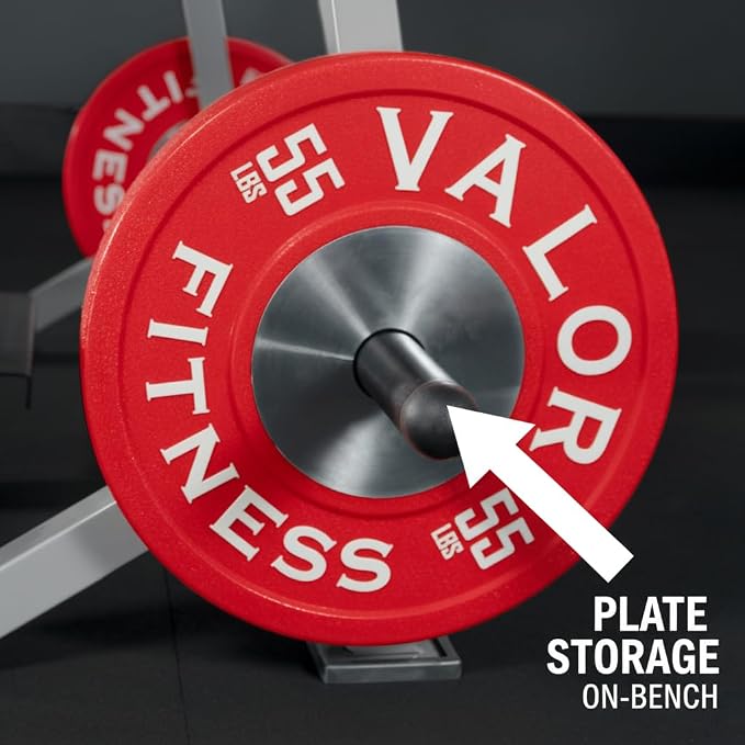Valor Fitness Olympic Weight Bench Press Station | Spotter Arms, Adjustable Safety Catch, Max 500 lbs, Plate Storage Pegs, Home Gym Equipment