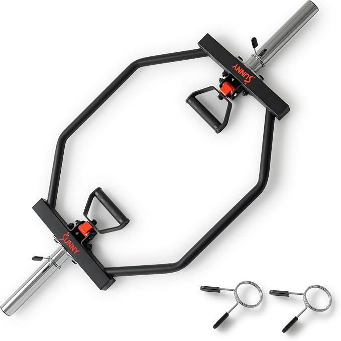 Sunny Health & Fitness Olympic Hex Trap Bar for Deadlifts, Home Gym Barbell | Fits 2" Olympic Plates, Diamond Knurled Grips, Deadlift Squat Shrug Farm Walk, Targets Legs Glutes Back Core & Grip