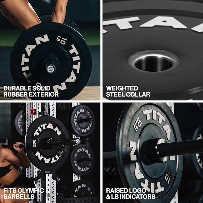 Titan Fitness Economy Series Black Olympic Bumper Plates, Durable Rubber Exterior with Steel Core, Weightlifting and Strength Training Weight Plate